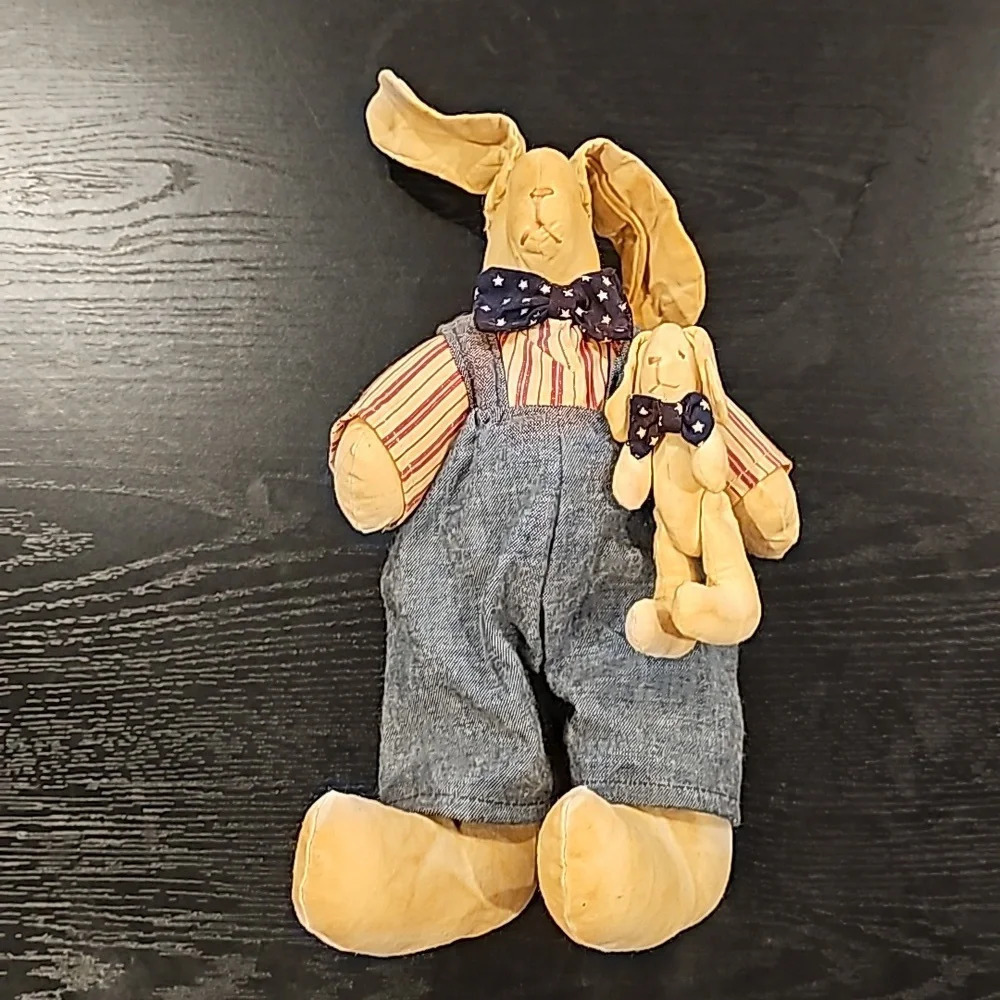 Antique Primitive RABBIT Daddy Bunny + Baby Doll Bib Overalls Gingham Set Lot 2